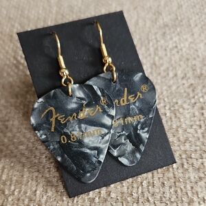 Fender Gold-Printed Grey Marble Guitar Pick Drop Earrings